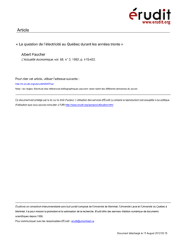 La Question De L'électricité Au Québec Durant Les Années Trente