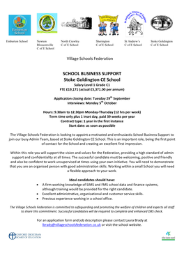 SCHOOL BUSINESS SUPPORT Stoke Goldington CE School Salary Level 1 Grade C1 FTE £19,171 (Actual £5,371.00 Per Annum)