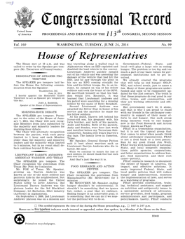 Congressional Record United States Th of America PROCEEDINGS and DEBATES of the 113 CONGRESS, SECOND SESSION