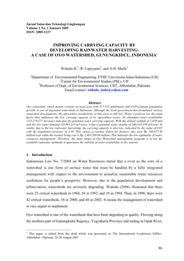 Improving Carrying Capacity by Developing Rainwater Harvesting: a Case of Oyo Watershed, Gunungkidul, Indonesia∗