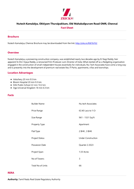 Nutech Kamalalya, Okkiyam Thuraipakkam, Old Mahabalipuram Road OMR, Chennai Fact Sheet