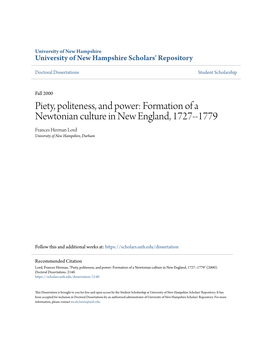 Formation of a Newtonian Culture in New England, 1727--1779 Frances Herman Lord University of New Hampshire, Durham