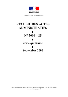 Recueil Des Actes Administratifs N° 2006-25 De La 2Ème Quinzaine De Septembre 2006 - Date De Publication Le 06/10/2006