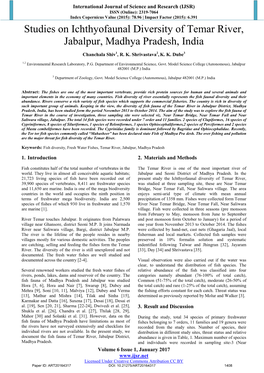 Studies on Ichthyofaunal Diversity of Temar River, Jabalpur, Madhya Pradesh, India