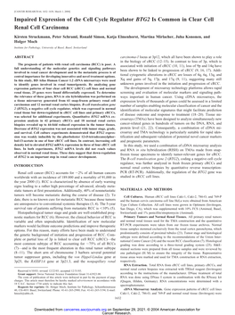 Impaired Expression of the Cell Cycle Regulator BTG2 Is Common in Clear Cell Renal Cell Carcinoma