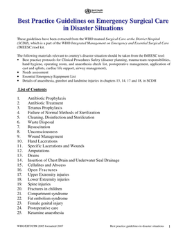 Best Practice Guidelines on Emergency Surgical Care in Disaster Situations