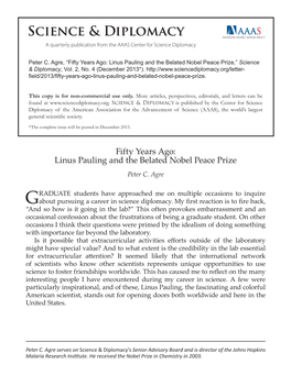 Linus Pauling and the Belated Nobel Peace Prize,” Science & Diplomacy, Vol