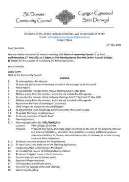 Mrs Jackie Griffin, 41 the Verlands, Cowbridge, Vale of Glamorgan CF71 7BY E-Mail : Stdonatscommunitycouncil@Gmail.Com 01446 773646 27Th May 2021 Dear Councillor