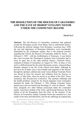 The Dissolution of the Diocese of Caransebes and the Fate of Bishop Veniamin Nistor Under the Communist Regime