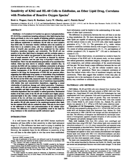 Sensitivity of K562 and HL-60 Cells to Edelfosine, an Ether Lipid Drug, Correlates with Production of Reactive Oxygen Species1