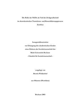 Ngos Als Teil Der Zivilgesellschaft Im Demokratischen Transitions- Und Konsolidierungsprozess Zambias