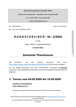 R U N D S C H R E I B E N – Nr.: 3/2020 an Alle Stadt-, Markt- Und Gemeindeämter Im Bezirk Weiz