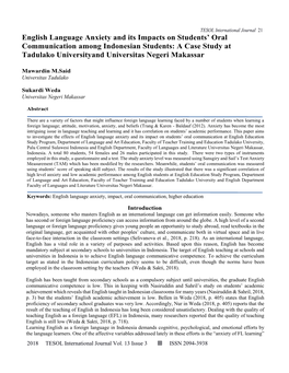 English Language Anxiety and Its Impacts on Students' Oral Communication Among Indonesian Students: a Case Study at Tadulako U