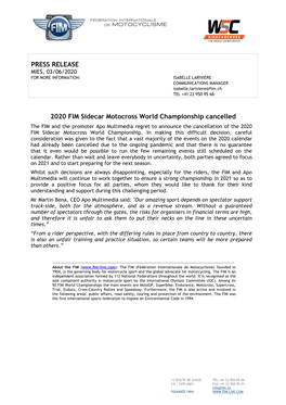 PRESS RELEASE 2020 FIM Sidecar Motocross World Championship