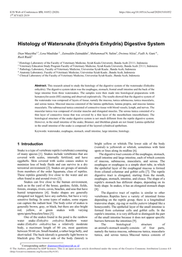 Histology of Watersnake (Enhydris Enhydris) Digestive System