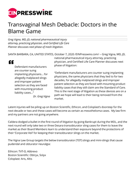 Transvaginal Mesh Debacle: Doctors in the Blame Game