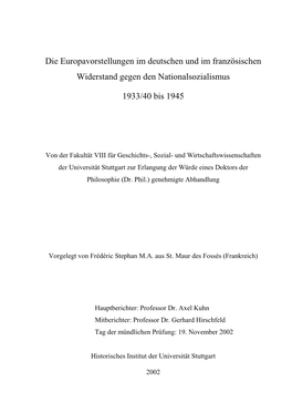 Die Europavorstellungen Im Deutschen Und Im Französischen Widerstand Gegen Den Nationalsozialismus