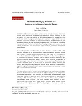 Internet 3.0: Identifying Problems and Solutions to the Network Neutrality Debate