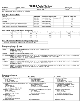 FCC EEO Public File Report Call Signtype of Station Location: City/State Facility ID WDIO-DT TV Duluth, MN 71338 for the Reporting Period: 12/01/08 to 11/30/09