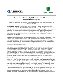 Daseke, Inc. and Hennessy Capital Acquisition Corp. II Announce Closing of Merger Transaction