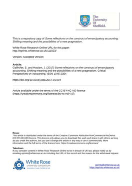 Some Reflections on the Construct of Emancipatory Accounting: Shifting Meaning and the Possibilities of a New Pragmatism