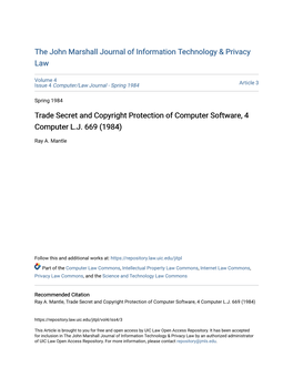 Trade Secret and Copyright Protection of Computer Software, 4 Computer L.J