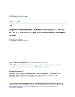 Religion-Based Peremptory Challenges After Batson V. Kentucky and J.E.B. V. Alabama: an Equal Protection and First Amendment Analysis