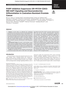 PARP Inhibition Suppresses GR–MYCN–CDK5– RB1–E2F1