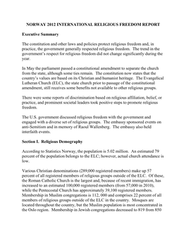 Norway 2012 International Religious Freedom Report