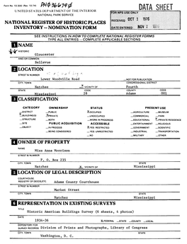 Data Sheet National Park Service National Register of Historic Places Inventory - Nomination Form