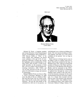 Richard Herbert Foote (1918-2002) Richard H. Foote, a Longtime Member and Former President of the Entomological Society of Washi