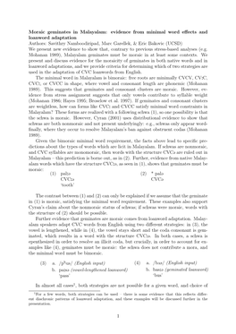 Moraic Geminates in Malayalam: Evidence