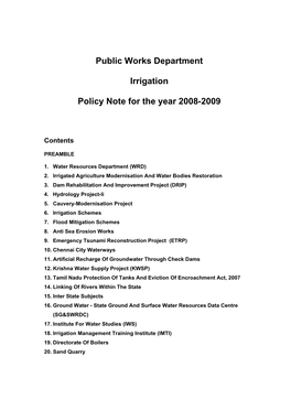 Public Works Department Irrigation Policy Note for the Year 2008-2009