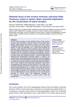 Helminth Fauna of the Invasive American Red-Eared Slider Trachemys Scripta in Eastern Spain: Potential Implications for the Conservation of Native Terrapins