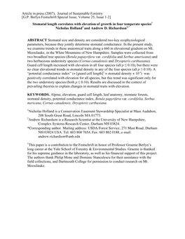 Stomatal Length Correlates with Elevation of Growth in Four Temperate Species† Nicholas Holland1 and Andrew D