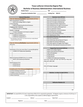 International Business Student Name: ______ID#: ______Prospective Graduation Date: ______Catalog Year: 2018-19