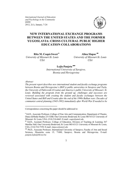New International Exchange Programs Between the United States and the Former Yugoslavia: Cross Cultural Public Higher Education Collaborations