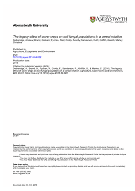 The Legacy Effect of Cover Crops on Soil Fungal Populations in A