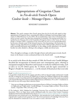 Appropriations of Gregorian Chant in Fin-De-Siècle French Opera: Couleur Locale – Message-Opera – Allusion?