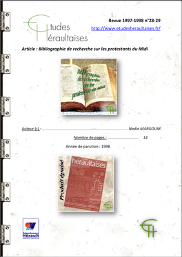 Article : Bibliographie De Recherche Sur Les Protestants Du Midi