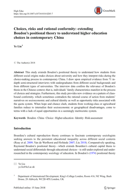 Extending Boudon's Positional Theory to Understand Higher Education Choices in Contemp