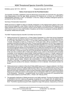 Nitella Parooensis M.T.Casanova & J.L.Porter As a CRITICALLY ENDANGERED SPECIES in Part 1 of Schedule 1 of the Act