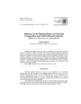 Influence of the Planting Dates on Chemical Composition and Yield of Brussels Sprouts (Brassica Oleracea Var