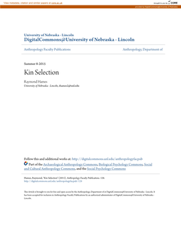 Kin Selection Raymond Hames University of Nebraska - Lincoln, Rhames2@Unl.Edu