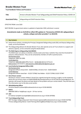 Brooke Weston Trust Trust Handbook: Policies and Procedures