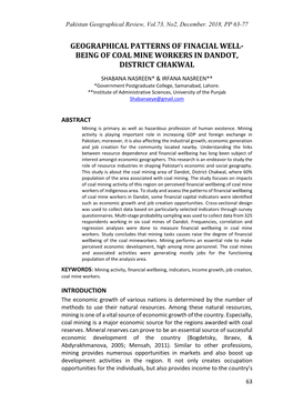 Geographical Patterns of Finacial Well-Being of Coal Mine Workers in Dandot, District Chakwal Exchequer and Foreign Income to the Mineral Producing Country