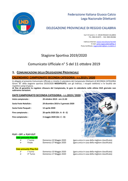 Stagione Sportiva 2019/2020 Comunicato Ufficiale N° 5 Del 11