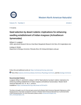 Seed Selection by Desert Rodents: Implications for Enhancing Seedling Establishment of Indian Ricegrass (Achnatherum Hymenoides)