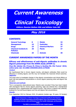 Current Awareness in Clinical Toxicology Editors: Damian Ballam Msc and Allister Vale MD