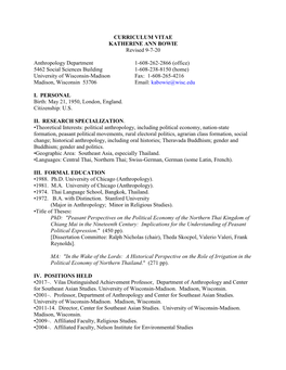 CURRICULUM VITAE KATHERINE ANN BOWIE Revised 9-7-20